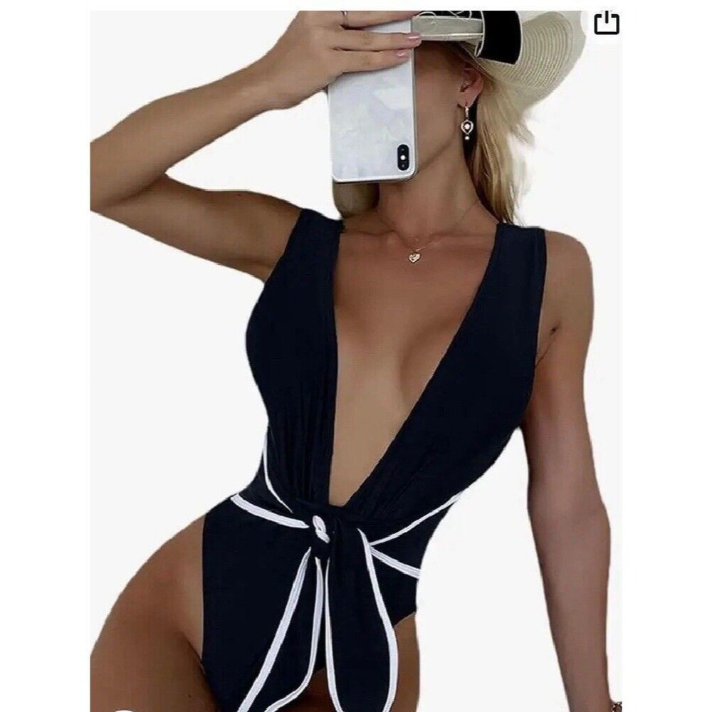 Hilinker Women's Small Tie Bow‎ One Piece Swimsuit Deep V Neck Tummy Control